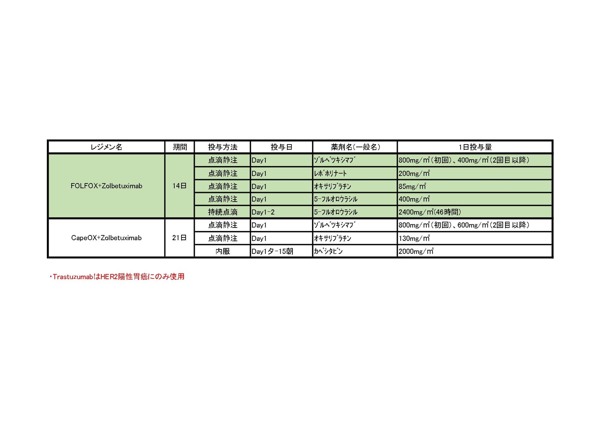 2024年10月 胃がんレジメン一覧