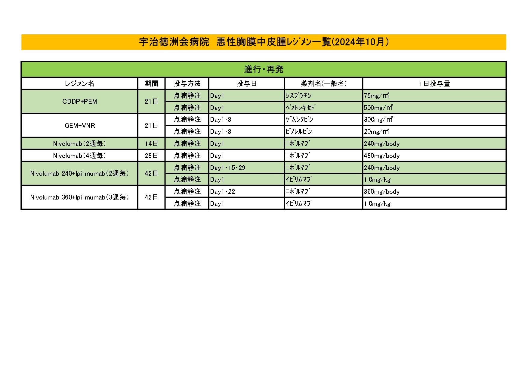 2024年10月 悪性胸膜中皮腫レジメン一覧