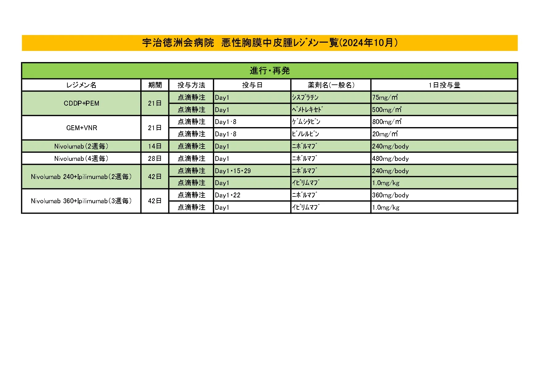2024年10月 悪性胸膜中皮腫レジメン一覧