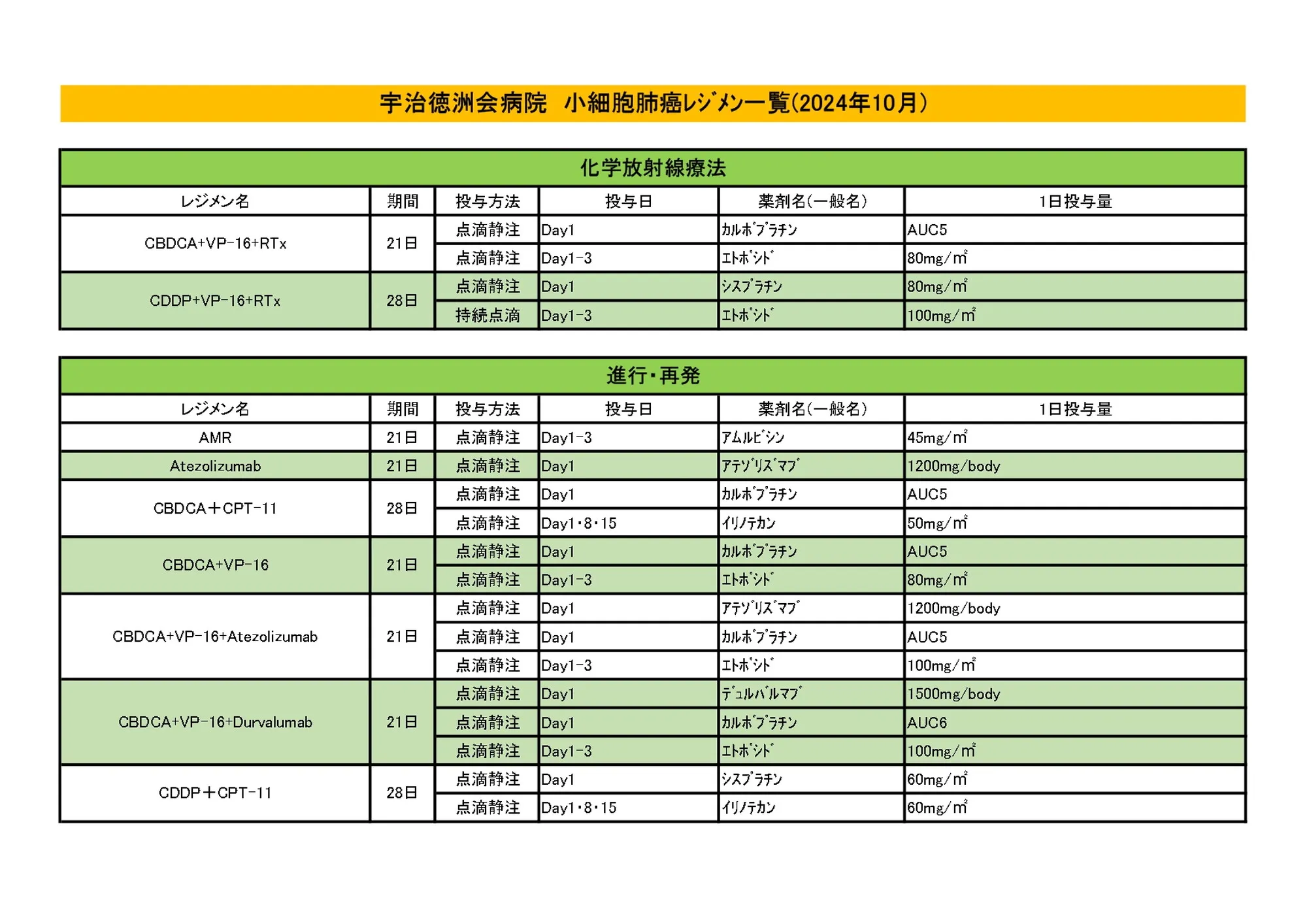 2024年10月 小細胞肺がんレジメン一覧