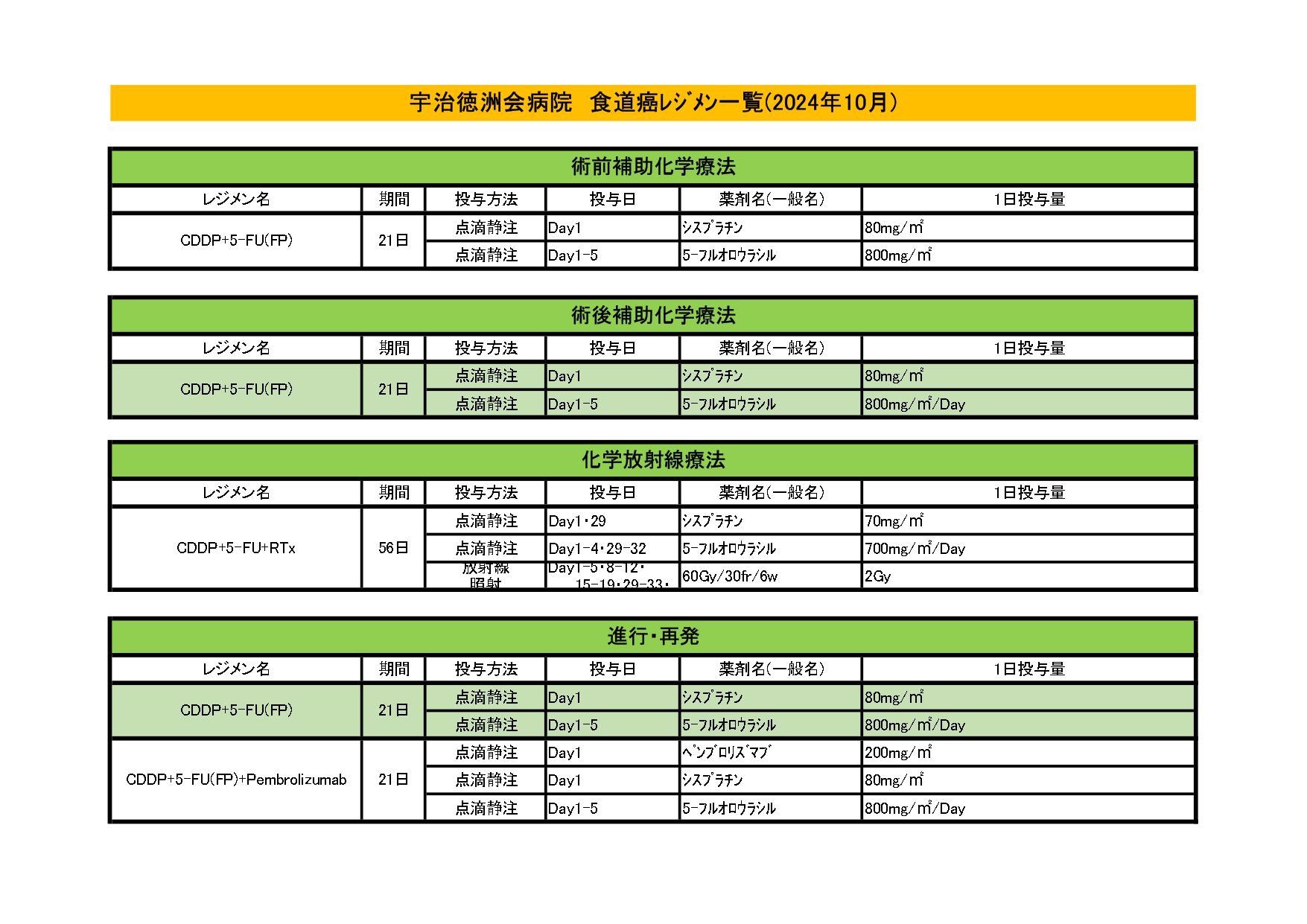 2024年10月 食道がんレジメン一覧
