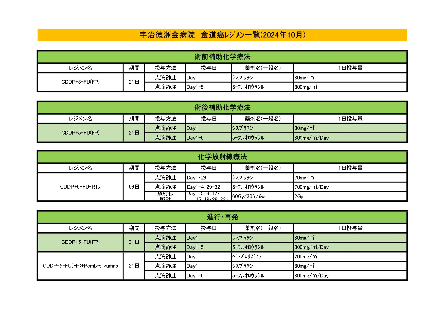 2024年10月 食道がんレジメン一覧