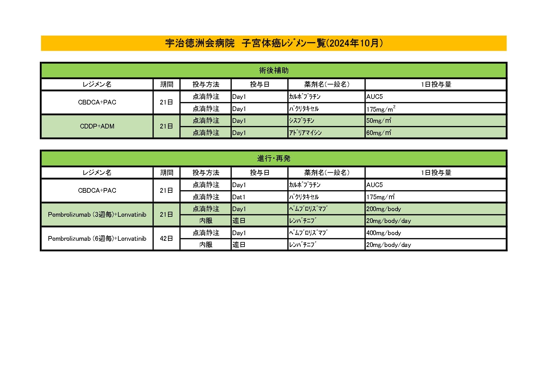 2024年10月 子宮体がんレジメン一覧