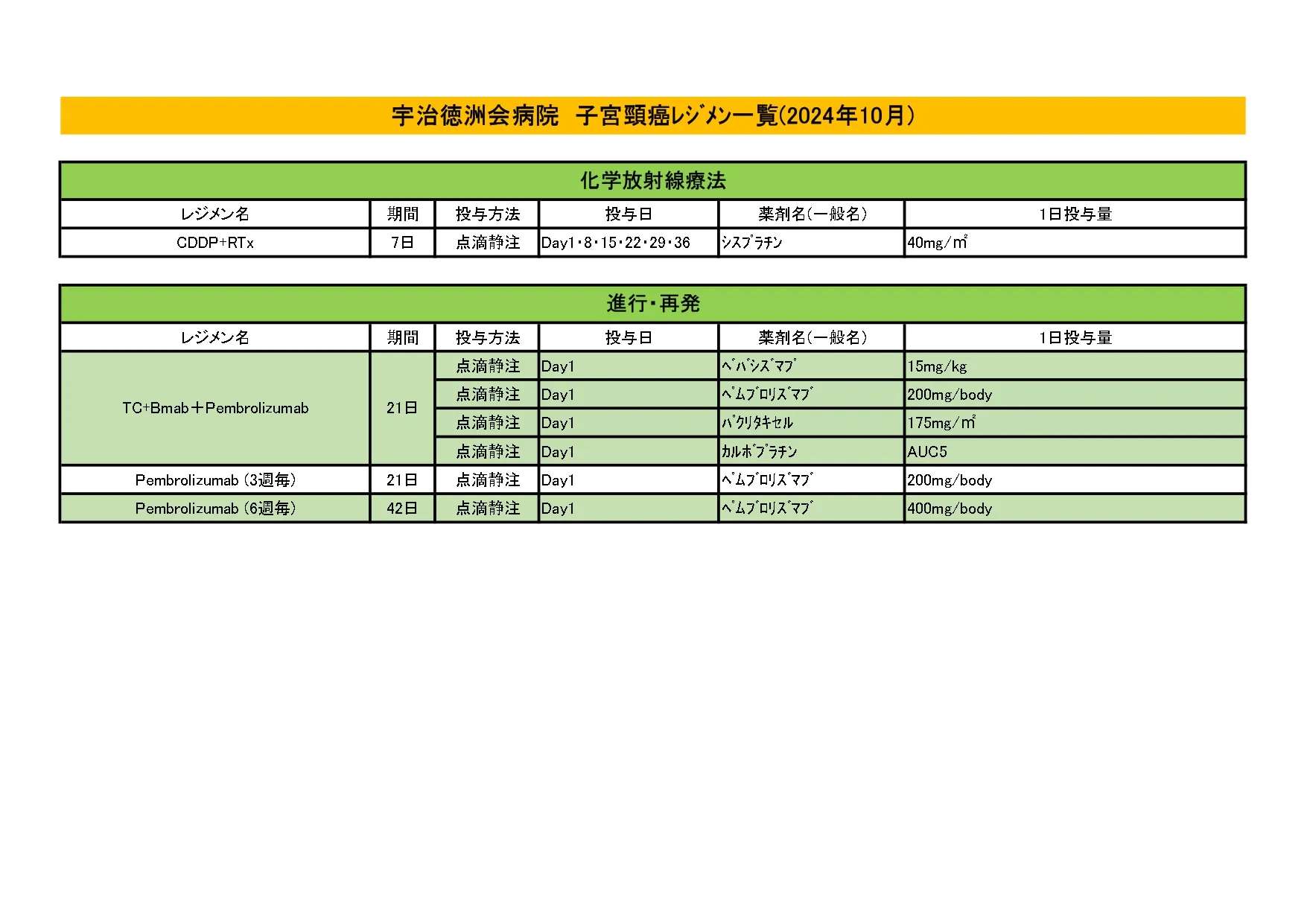 2024年10月 子宮頸がんレジメン一覧