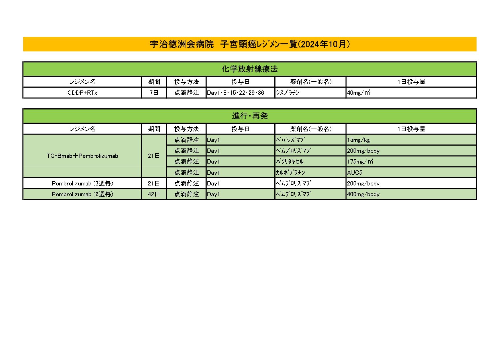 2024年10月 子宮頸がんレジメン一覧