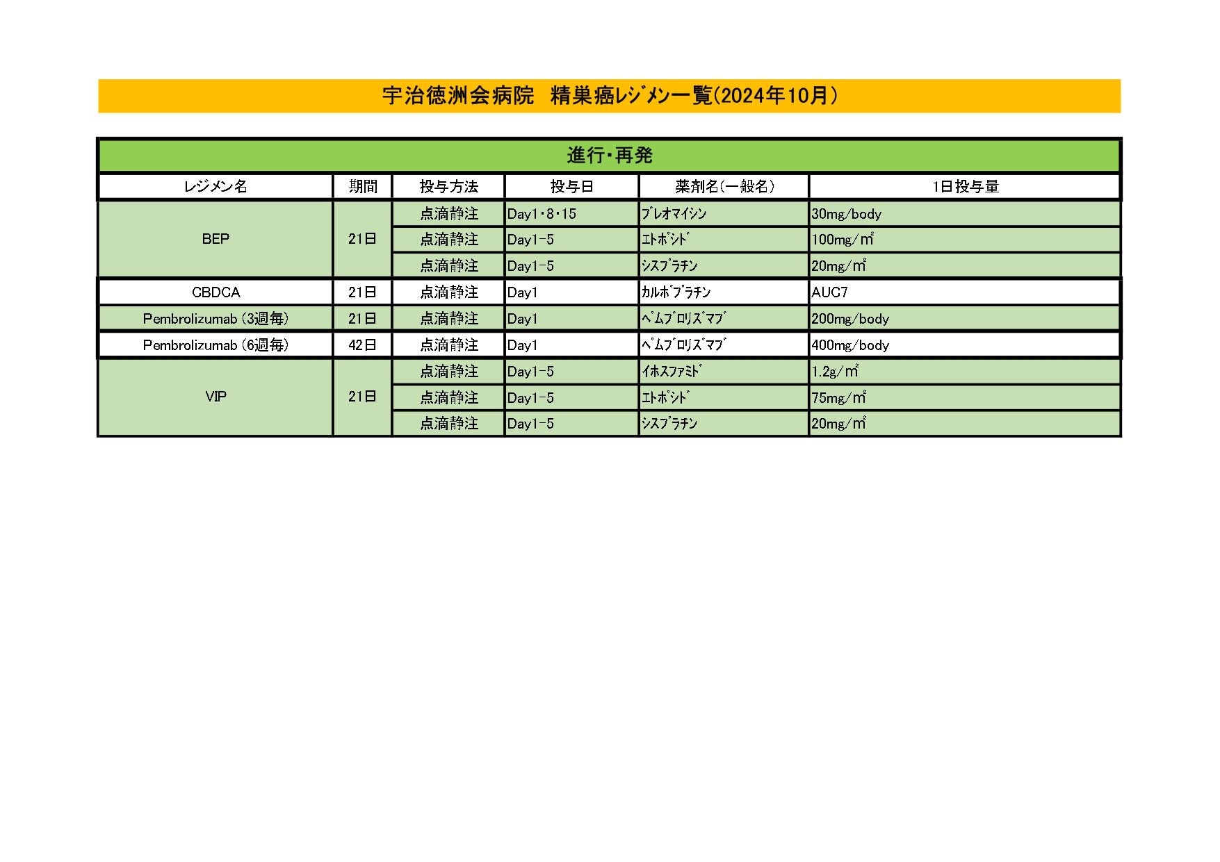 2024年10月 精巣がんレジメン一覧