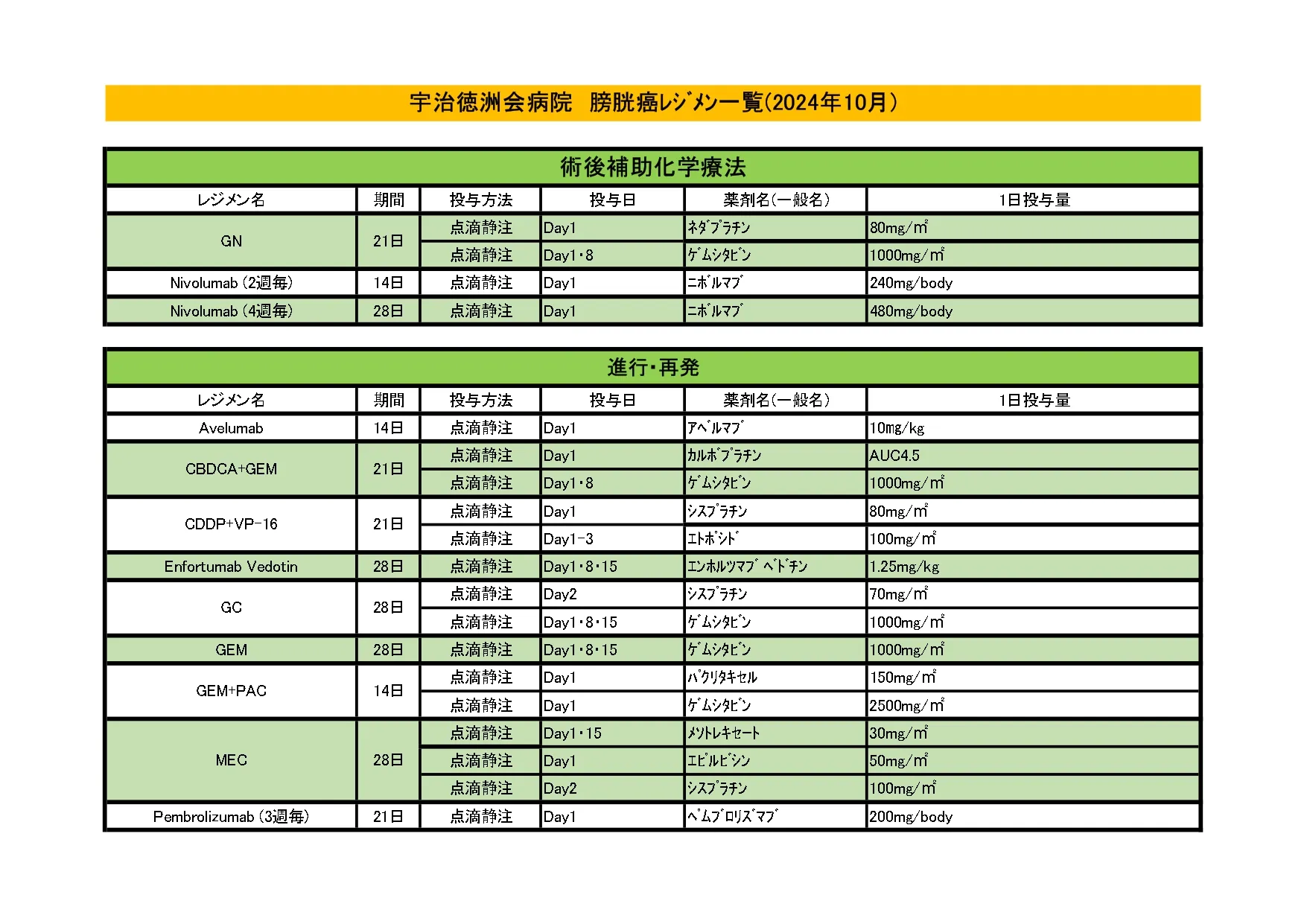 2024年10月 膀胱がんレジメン一覧