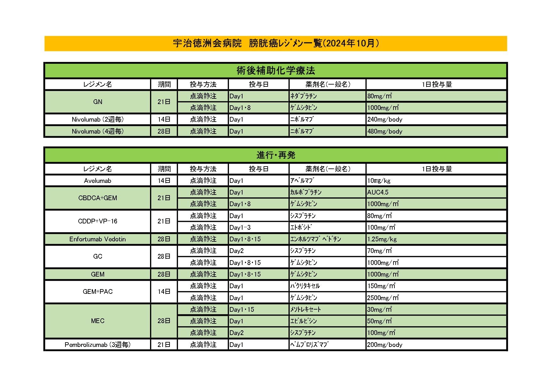2024年10月 膀胱がんレジメン一覧