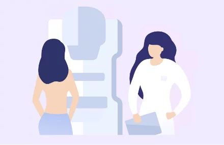 マンモグラフィの場合のイラスト マンモグラフィの機械に女性が上半身裸で胸を当てている。