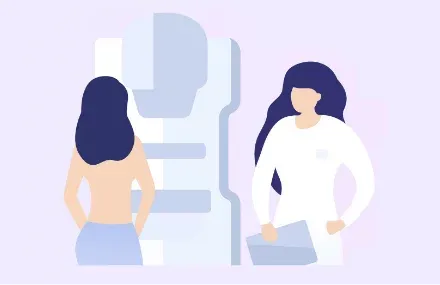 マンモグラフィの場合のイラスト マンモグラフィの機械に女性が上半身裸で胸を当てている。